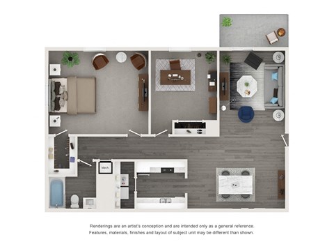Floor plan for 2 beds, 1 bath, 906 sqft